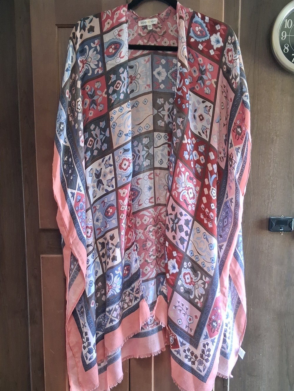 Woven Heart Patchwork Floral Open-Front Kimono - Pink, Blue, Red